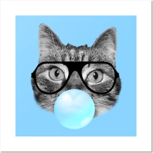 Funny cat blowing a blue bubble gum Posters and Art